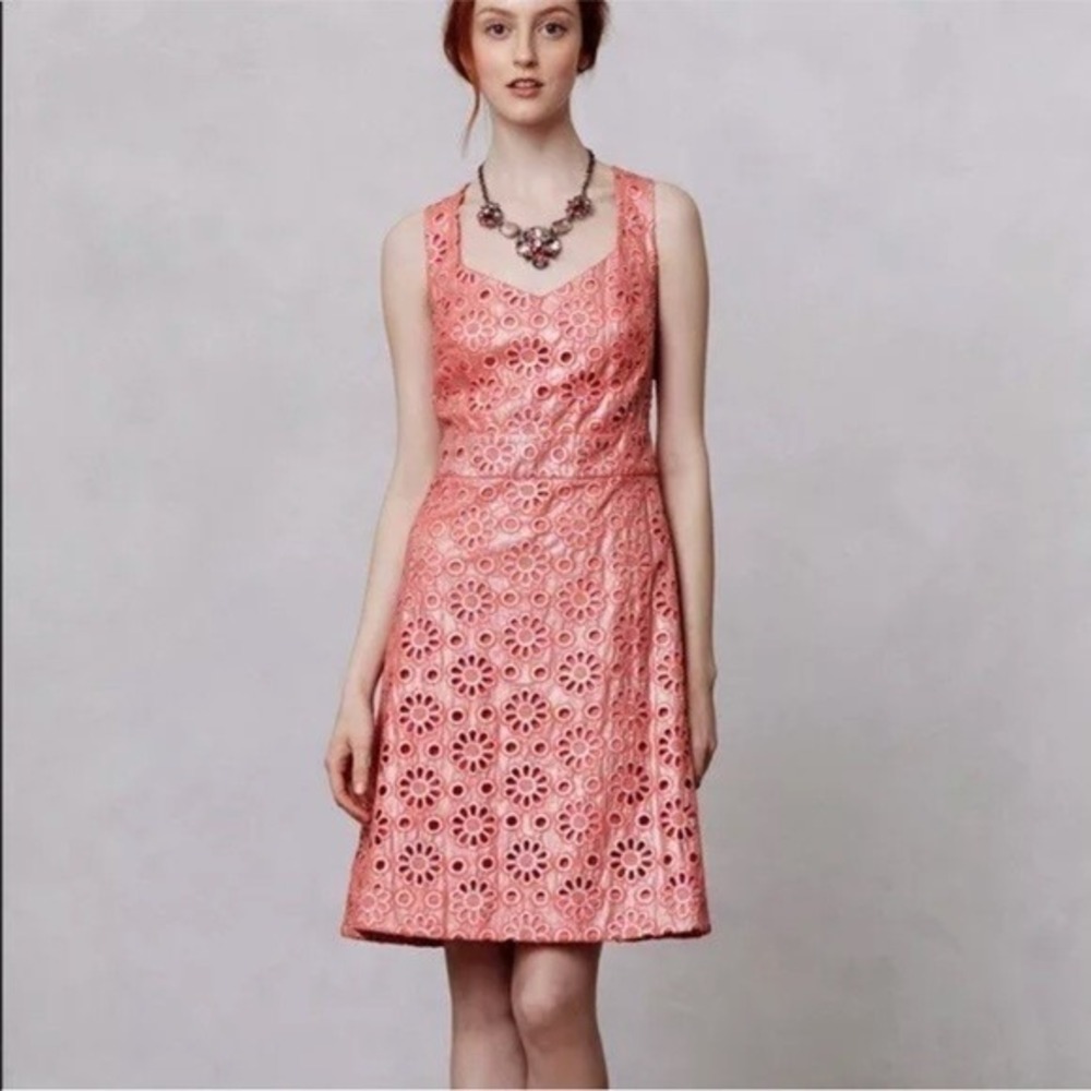 Maeve Dress Womens 4 Coral Pink Floral Eyelet Fit Flare Sleeveless Anthropologie